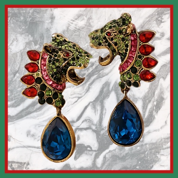 Leopard Head Drop Earrings 14K Gold Plated - Rhinestones and Faux Blue Crystals - Picture 5 of 9